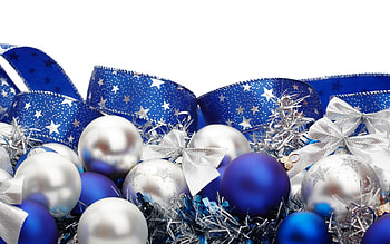 Blue and white ribbons, Christmas ornaments, Elegant background, Whimsical decor HD wallpaper