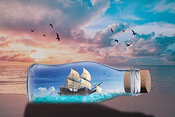 Ship in a bottle, Bottle, Wave, Glass, Birds, Clouds HD wallpaper