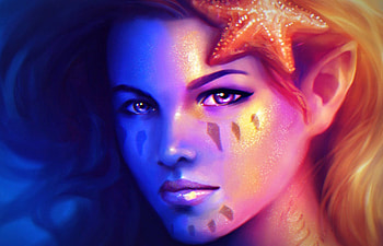 Mermaid, blue, black, blonde, art, girl, orange, beauty, woman, pink, fantasy, yana dmitruk, face HD wallpaper