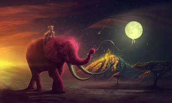 :), elephant, luna, balloon, girl, copil, night, marialucia, pink, moon, fantasy, maria lucia, child HD wallpaper