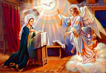 Angelus, god, blue, angel, church, painting, saint, mary, cloud, virgin, wings, white, dove, art, girl, woman, gabriel, mother, easter HD wallpaper