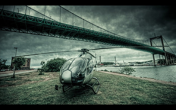 helicopter, abstract, city, bridge, landing HD wallpaper
