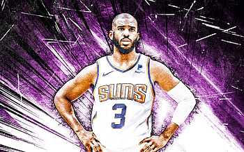 Chris Paul, grunge art, white uniform, Phoenix Suns, NBA, basketball, Christopher Emmanuel Paul, USA, Chris Paul Phoenix Suns, violet abstract rays, Chris Paul HD wallpaper