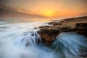 Sunset, sea, coast, rocks, nature HD wallpaper