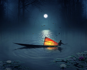 Moonlight, boat, creative, moon, fantasy, luna, luminos, water, rafy a HD wallpaper