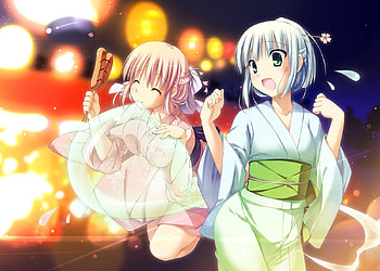 Yuyuko & Youmu, blue, color, food, yuyuko, party, pink, light, green, yellow, red, youmu HD wallpaper