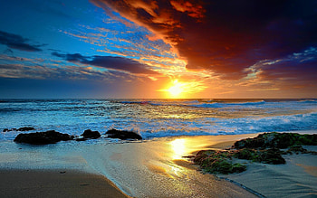 Beach sunset, Golden sand, Horizon on fire, Coastal serenity HD wallpaper