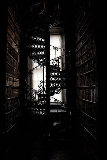 A spiral staircase elegantly ascends between tall bookshelves in a dimly lit library room. HD phone wallpaper