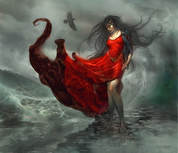 vampiricgirlnred.jpg, girl, waves, dress, red HD wallpaper