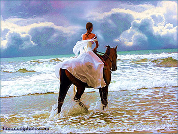 FRIENDS .., blue, white, horse, dress, woman, clouds, frenfdship, ride, friends, ocean HD wallpaper