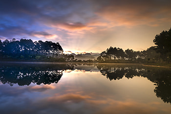 Reflections, trees, lake, sunset, nature HD wallpaper