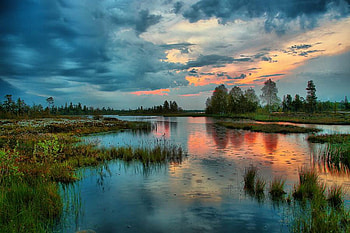 Blue Sunset Lake Swamp, reflection, clouds, swamp, sky, nature, water, sunset HD wallpaper