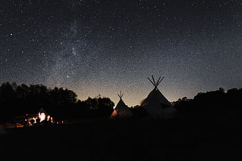 Starry night view of teepee camp in North Carolina, perfect for nature and stargazing enthusiasts. HD wallpaper