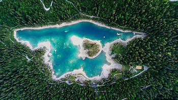 Aerial view, green forest, trees, lake, nature HD wallpaper