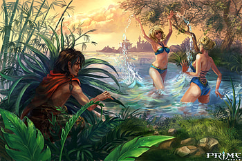 Prime World, art, situation, man, girl, lake, summer, fantasy, green, game, luminos, water, vara HD wallpaper