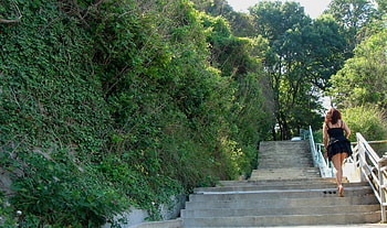 girl on the steps, sexy, steps, trees, nature, girl, legs HD wallpaper