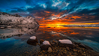Sky On Fire - Lofoten, Norway, sunset, sea, scandinavia, clouds, colors, islands, mountains HD wallpaper