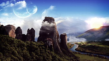 Two Moons, two, abstract, fantasy, montain, moons HD wallpaper