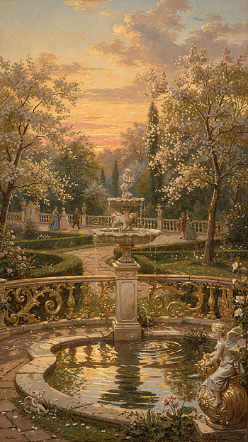 Twilight in the Spring Garden — , Fountain HD phone wallpaper