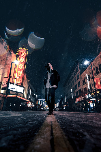 Miscellanea, Miscellaneous, Night City, Human, Person, Street, Hood, Snowfall HD phone wallpaper