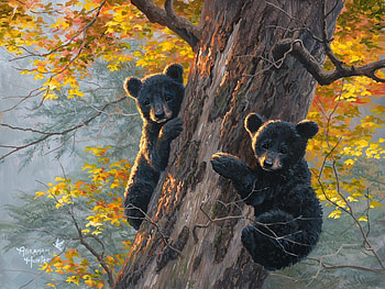 Double-trouble, animal, urs, art, cub, abraham hunter, tree, painting, bear, pictura, yellow, autumn, couple HD wallpaper