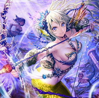 Archer Mermaid, fishes, blue, fish tail, mermaid, cute, long hair, beauty, lady, abstract, water, arrow, ocean, female, sea, art, archer, beautiful, woman, fantasy, yellow HD wallpaper