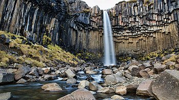 Svartifoss, Iceland, river, cliff, cascade, rocks, stones HD wallpaper