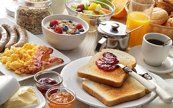 Breakfast, coffee, bread, fruits, food HD wallpaper