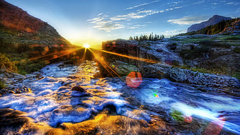 Mountain Stream, sky, rocks, water, landscape, trees, sunrise HD wallpaper