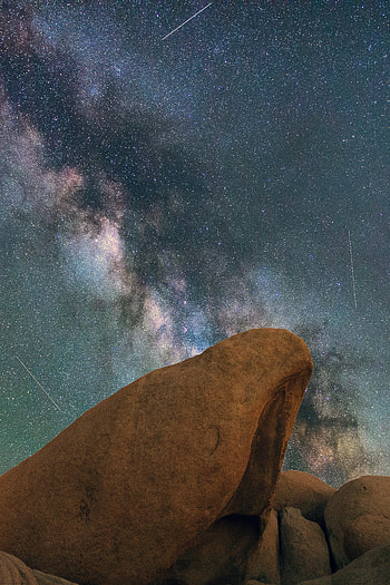 Nature, Universe, Stars, Rocks, Starry Sky, Nebula, Starfall HD phone wallpaper