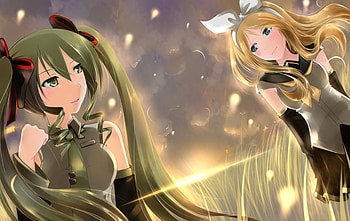 Hatsune Miku & Kagamine Rin, blue, awesome, rin, cute, vocaloid, beauty, nice, miku, vocaloids, hatsune, thighhighs, kagamine rin, bow, skirt, hatsune miku, twintail, girl, aqua, beautiful, diva, tie, kagamine, anime, pretty, aqua hair, yellow hair, yellow, cool, idol, virtual HD wallpaper