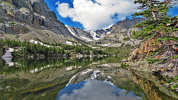 Lake of Glass on the Sky Pond trail at Rocky Mountain National Park, Colorado, trees, clouds, sky, rocks, mountains, usa HD wallpaper