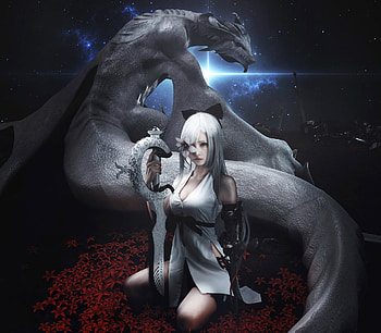 Dragon lady, blue, white, black, fantasy, dragon, li shan, girl, luminos HD wallpaper