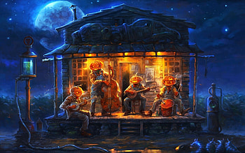 The Halloween Dancing Group, pumpkins, night, moon, instruments HD wallpaper