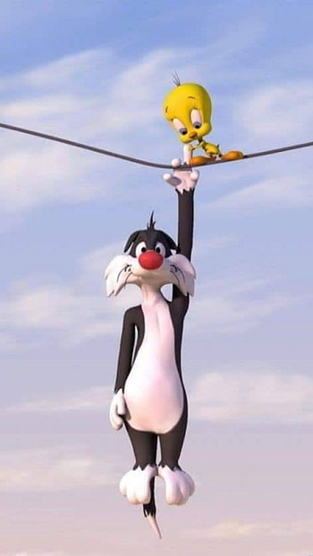 sylvester and tweety, cloud, sky, white, black, yellow HD phone wallpaper