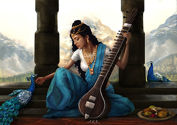 Divine instrument, instrument, bird, fantasy, art, ashiqur rahman, girl, pasari, blue, paun, peacock HD wallpaper