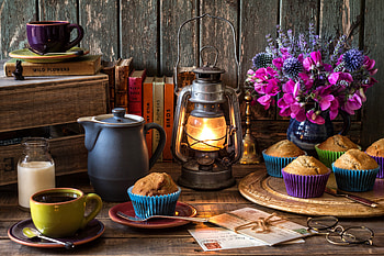 Still life, Coffee, Kerosene lamp, Jug, Bouquet, Muffin HD wallpaper