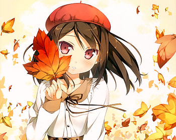 Anime, Girl, Foliage, Brunette, Beret HD wallpaper