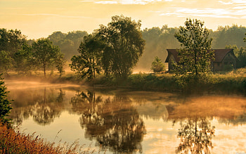 Nature, Rivers, Sun, Dawn, Rays, Beams, Fog, House, Morning, Awakening HD wallpaper