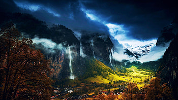 Autumn at Lauterbrunnen, Switzerland, village, valley, dark, clouds, sky, houses HD wallpaper