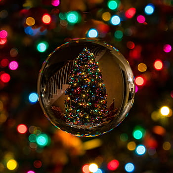Capture the magic of Christmas with a colorful tree reflected in a shiny ornament. HD phone wallpaper
