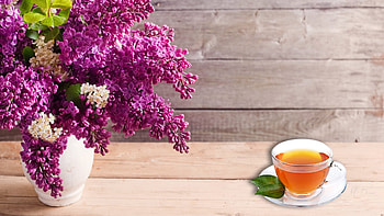 Lilacs and Cup of Tea, bouquet, lilacs, cup of tea, flowers, fragrant, spring HD wallpaper