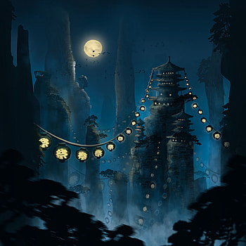 Art, Night, Moon, Rocks, Pagoda, Flashlights HD phone wallpaper