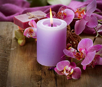 Purple, candles, flowers, ouroke, orchids HD wallpaper