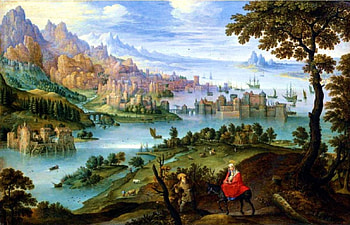 Medieval Times, river, dust, landscape, people, ancient, tree, painting, castles, mountains HD wallpaper