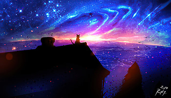 Cat On Magic Roof , cat, animals, artist, artwork, digital-art, deviantart HD wallpaper