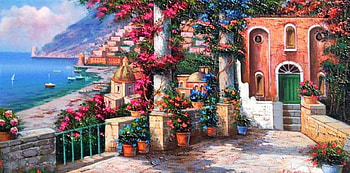 Positano Coast, Gulf View, sea, artwork, roses, blossoms, boats, house, flowers, veranda HD wallpaper