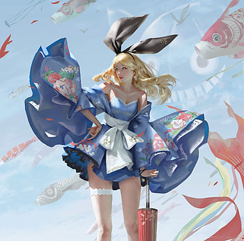 Fantasy girl, bunny, blue, wind, pink, fantasy, tiffany akiko, parasol, girl, ears HD wallpaper
