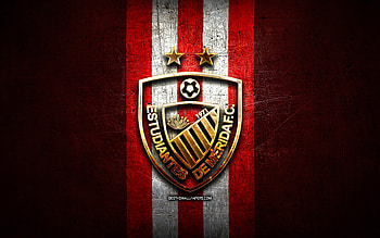 Estudiantes Merida FC, golden logo, La Liga FutVe, red metal background, football, Venezuelan football club, Estudiantes Merida logo, soccer, Venezuelan Primera Division, Estudiantes FC HD wallpaper
