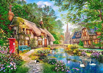 Waylane cottage, painting, art, house, pictura, dominic davison, swan, water HD wallpaper